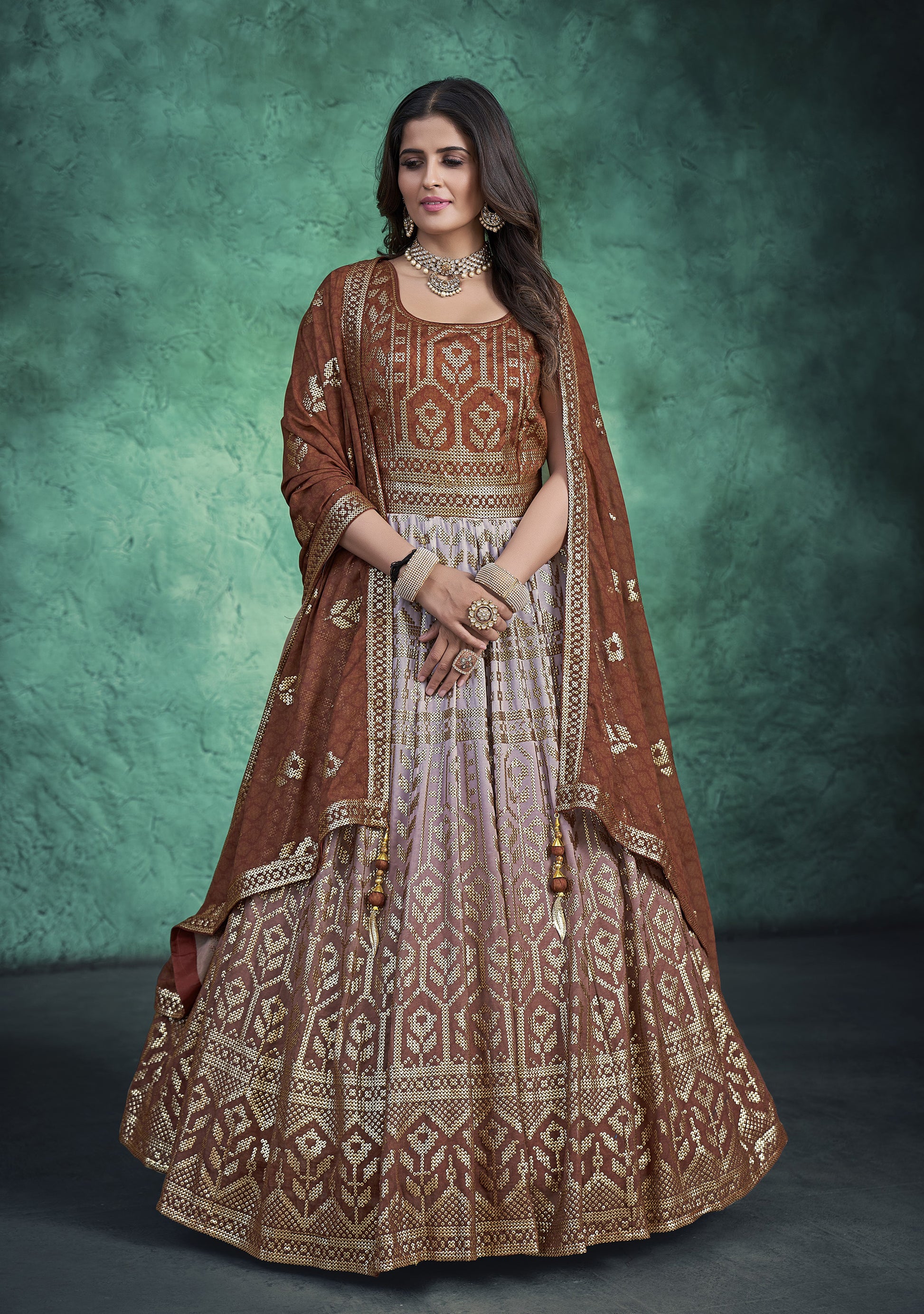Brown Resham Embroidery Faux Georgette Anarkali for Sangeet