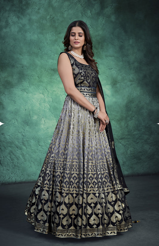 Grey and Black  Resham Embroidery Faux Georgette Anarkali for Sangeet