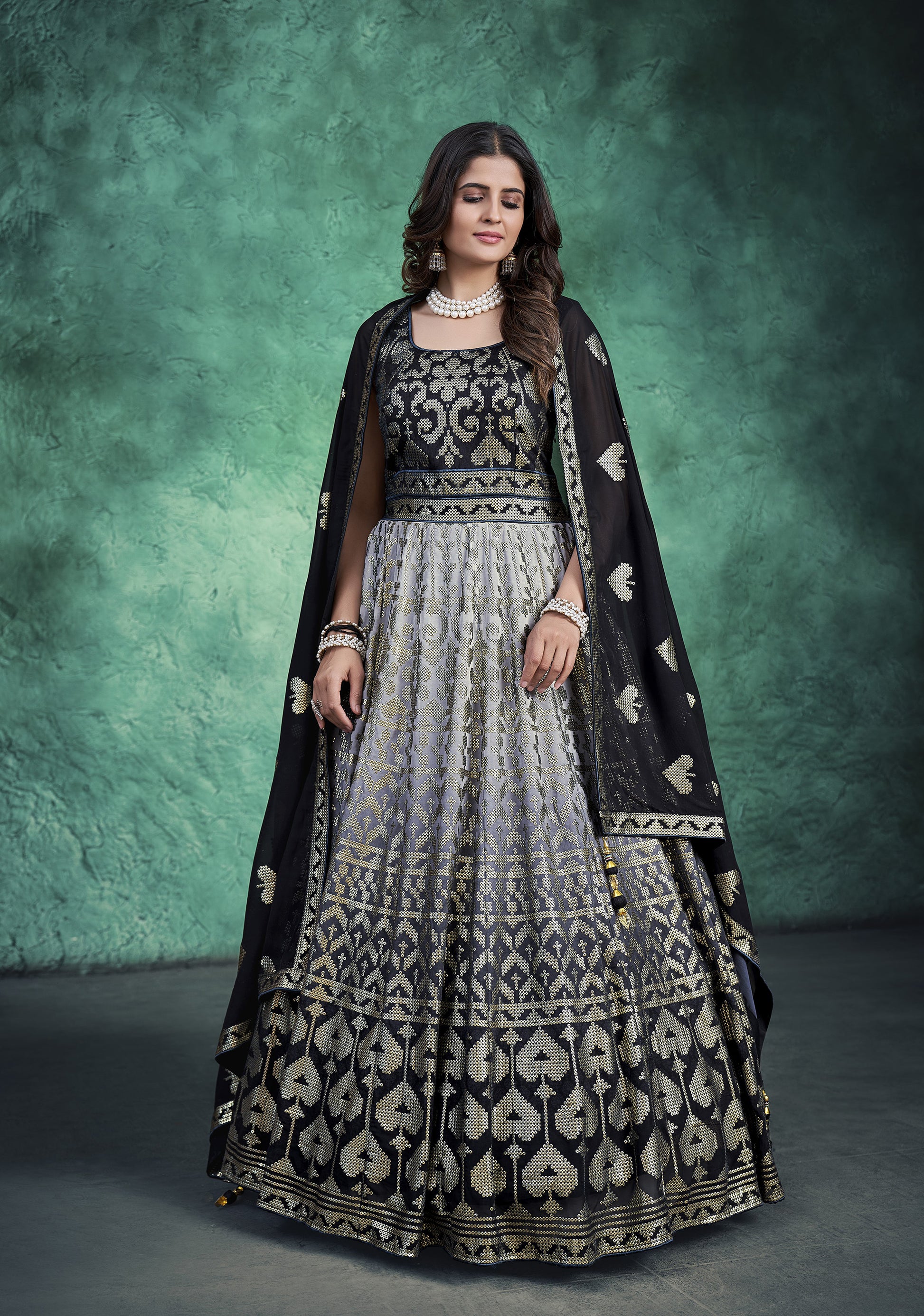 Grey and Black  Resham Embroidery Faux Georgette Anarkali for Sangeet
