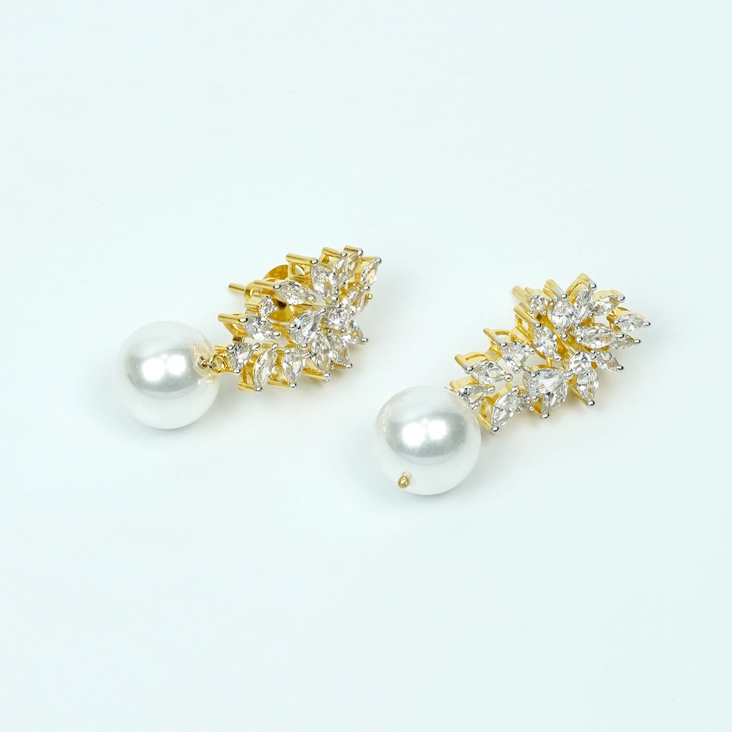 Zevar Club 22K Gold-Plated Handcrafted Cubic Zirconia & Pearl Studded Leaf Design Earrings
