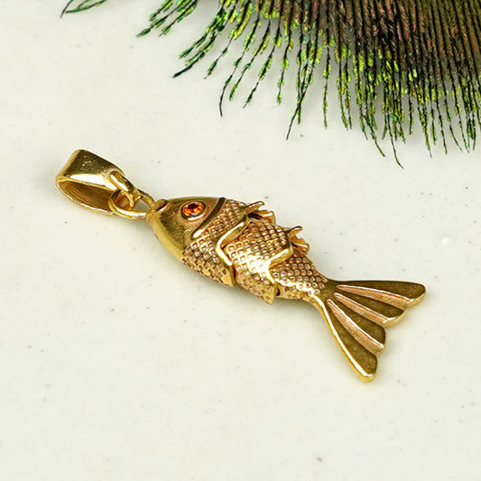 Zevar Club 18K Gold Plated Handcrafted Fish Design Pendant with Movable Tail & Red Stone Detail for Women