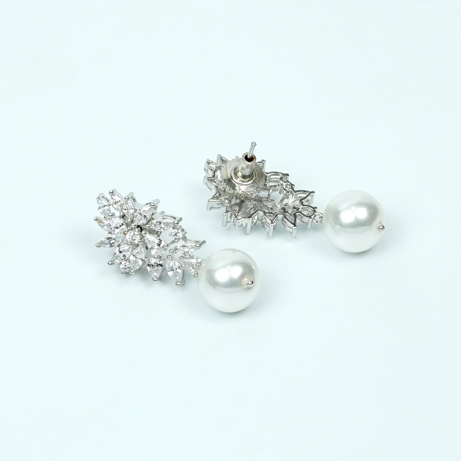 Zevar Club Rhodium-Plated Handcrafted Cubic Zirconia & Pearl Studded Leaf Design Earrings