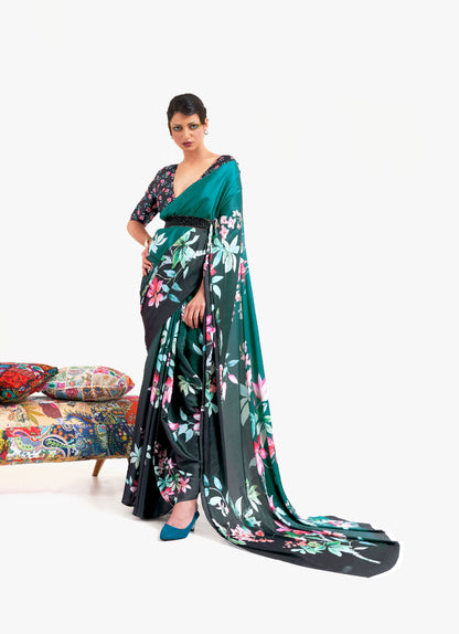 Teal Green Kazo Digital Soft Crepe Printed Saree