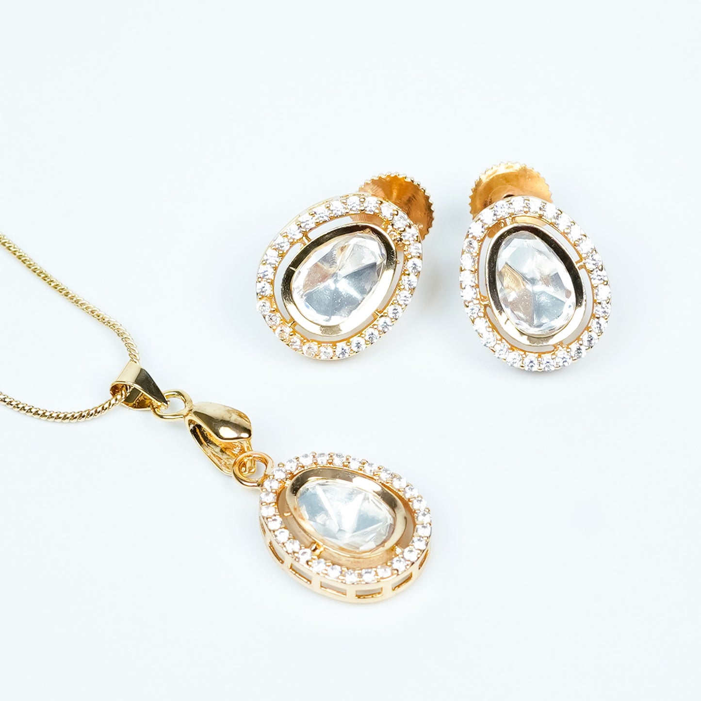 Zevar Club 22K Gold-Plated Oval-Shaped Cubic Zirconia Studded Pendant Necklace Set for Women