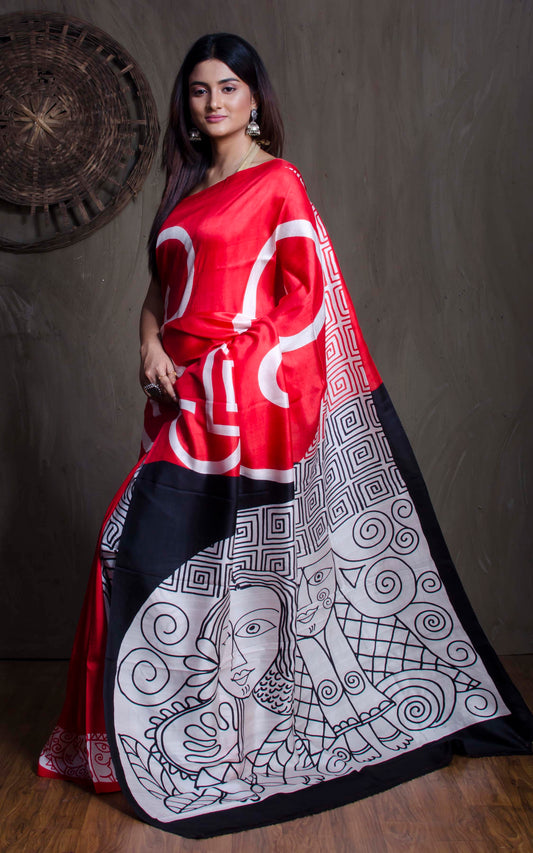 Printed Pure Silk Saree in Red and Black - Bengal Looms India