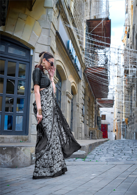 Black Silver Kazule Contemporary Satin Crepe Saree
