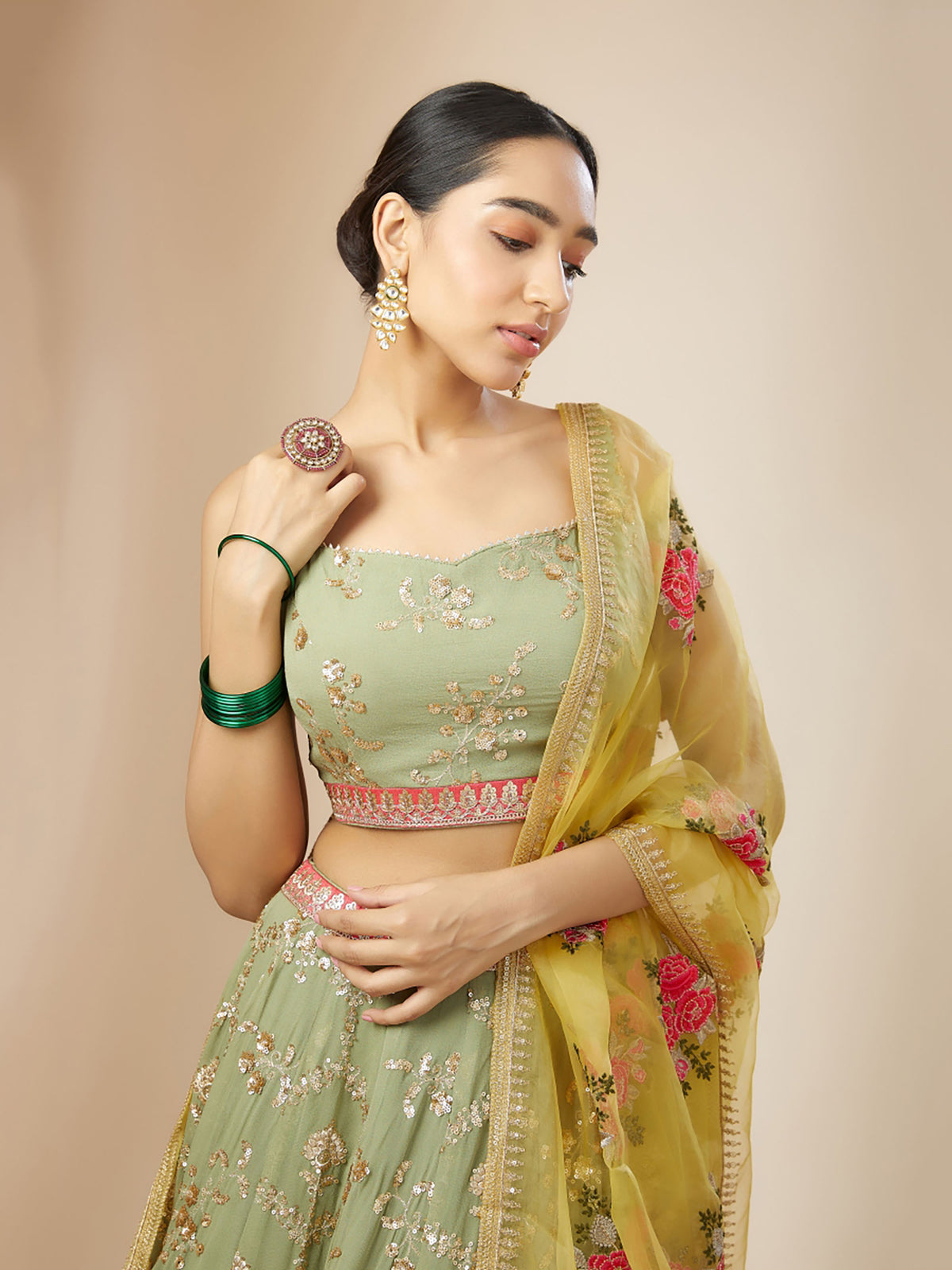 Pista Green & Yellow Georgette Zari & Sequins Work Wedding Guest Lehenga Choli