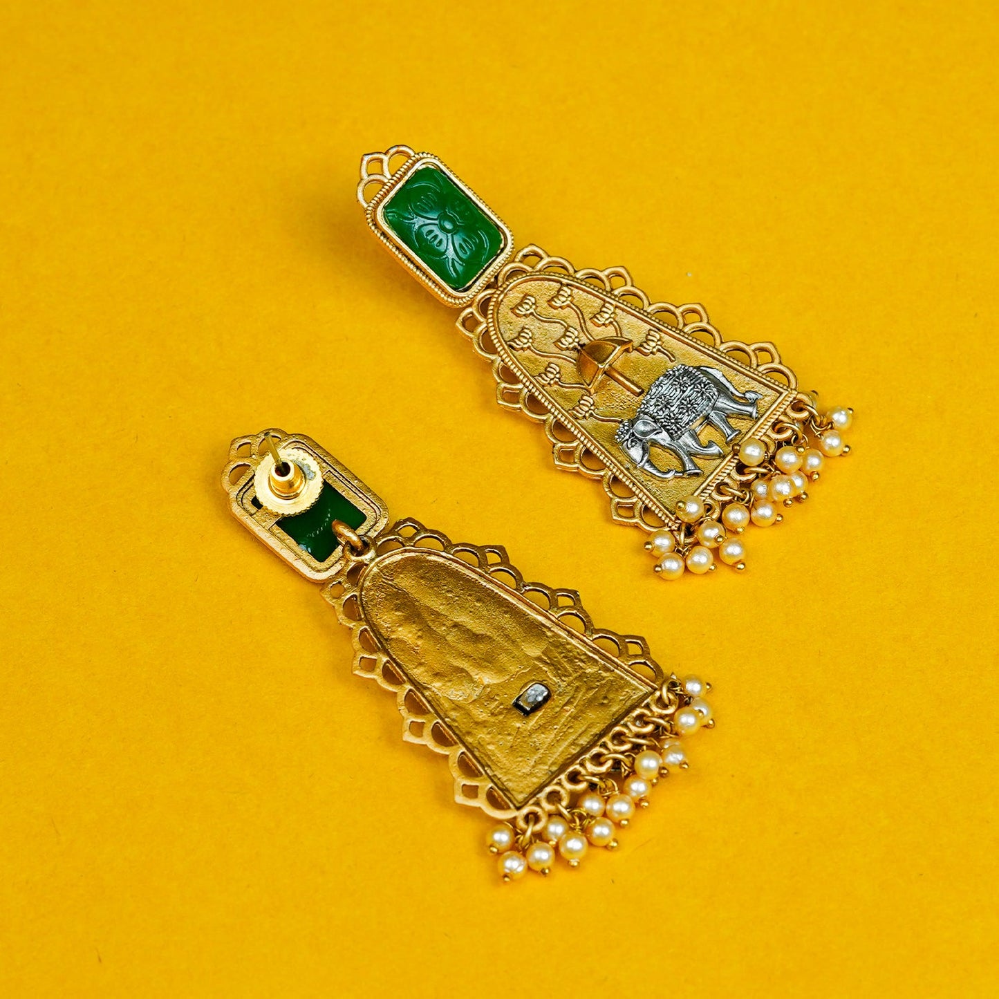 Zevar Club Oxidised Gold & Silver-Toned Elephant Motif Earring with Red Top & Pearls Drops