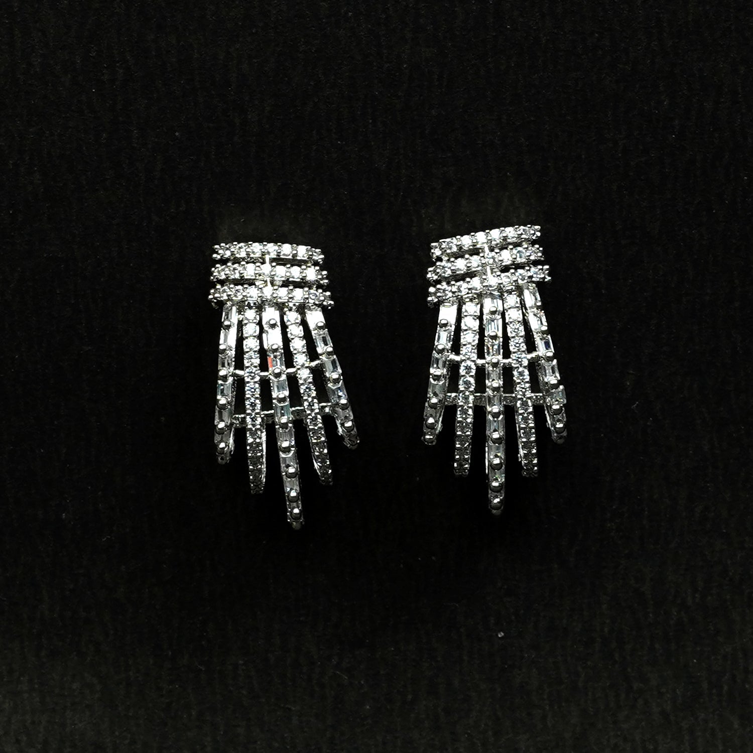 Zevar Club Rhodium-Plated Handcrafted Cubic Zirconia Studded Demi-Fine Layered Fringe Earrings