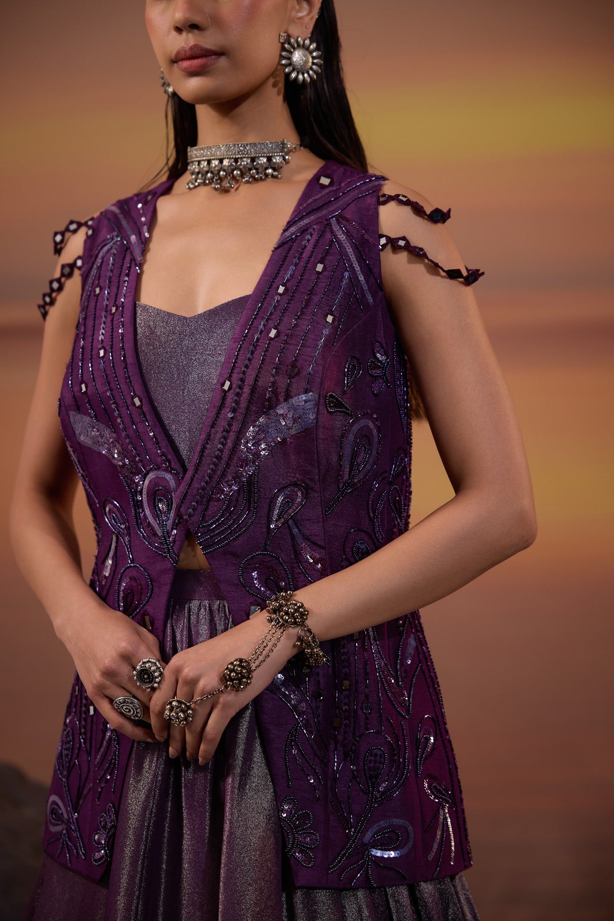 Dark Purple Sequins Embellished Jacket with Tissue Lehenga Set
