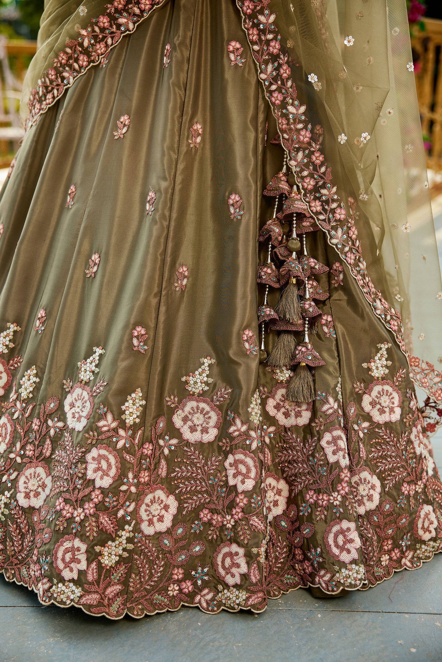 Olive colour Satin Sequins embroidery Lehenga choli & Dupatta