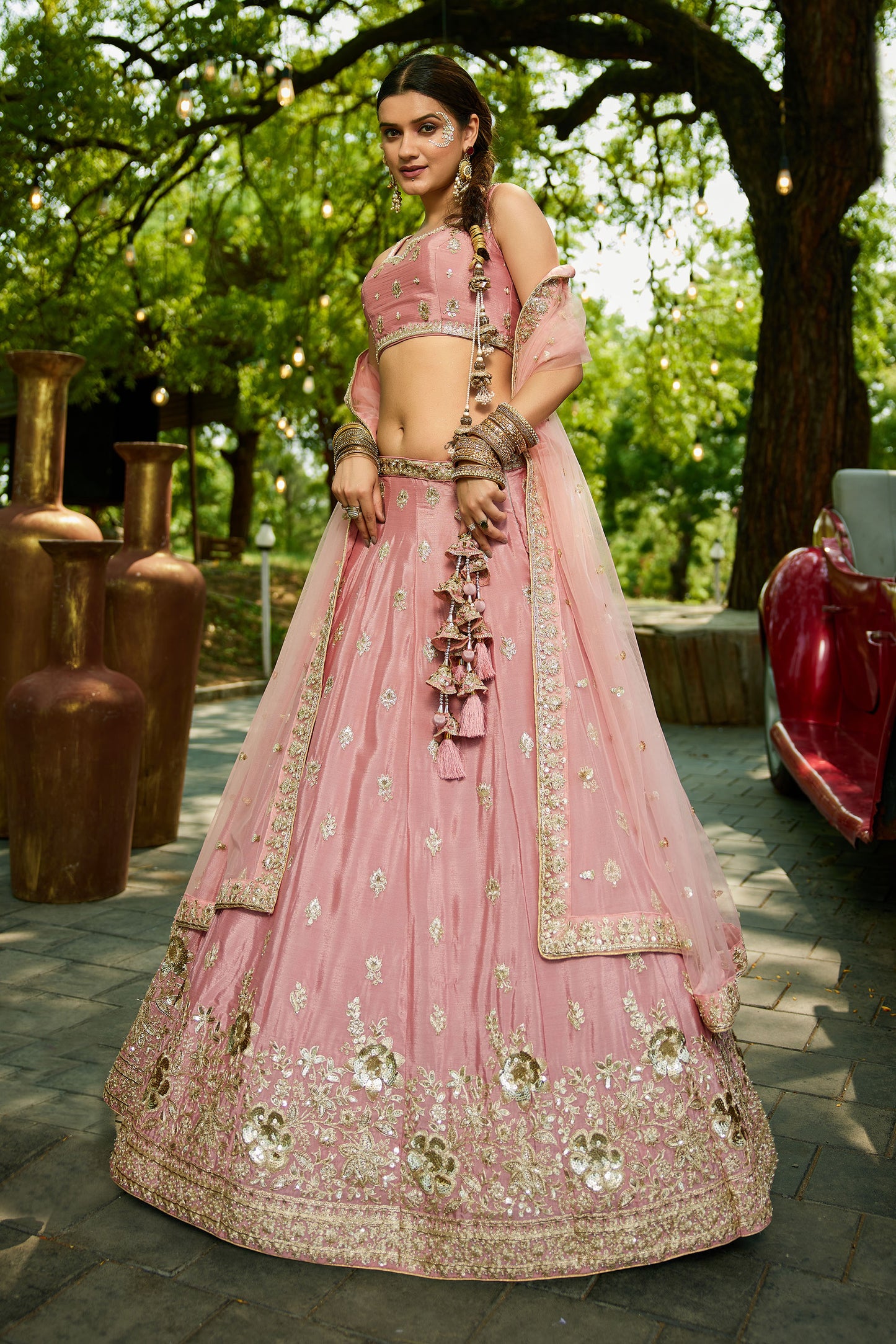 Pink colour Chinnon Sequins embroidery Lehenga choli & Dupatta
