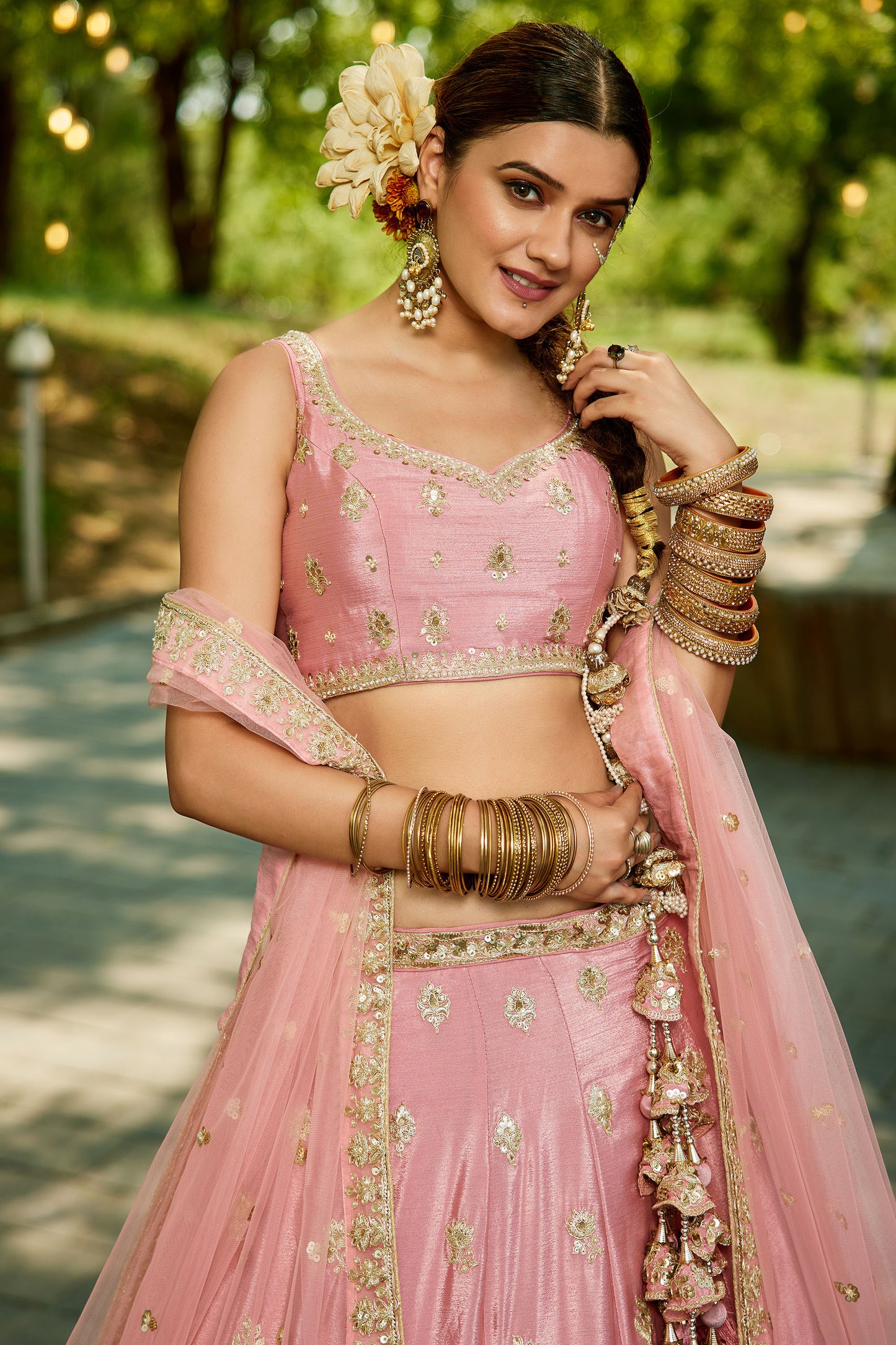 Pink colour Chinnon Sequins embroidery Lehenga choli & Dupatta