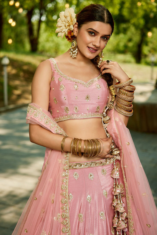 Pink colour Chinnon Sequins embroidery Lehenga choli & Dupatta