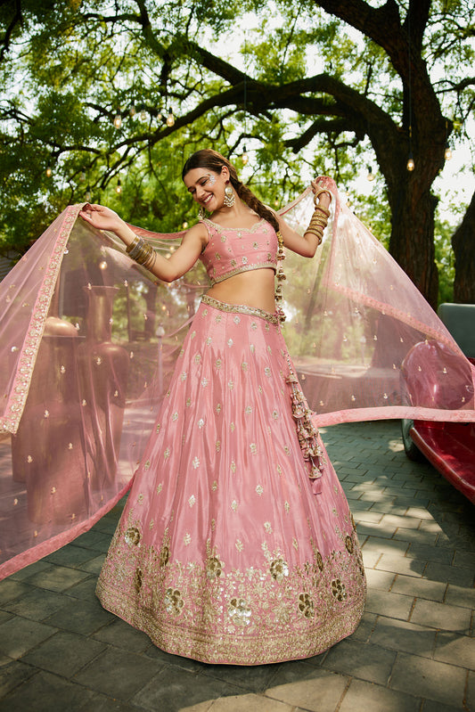 Pink colour Chinnon Sequins embroidery Lehenga choli & Dupatta