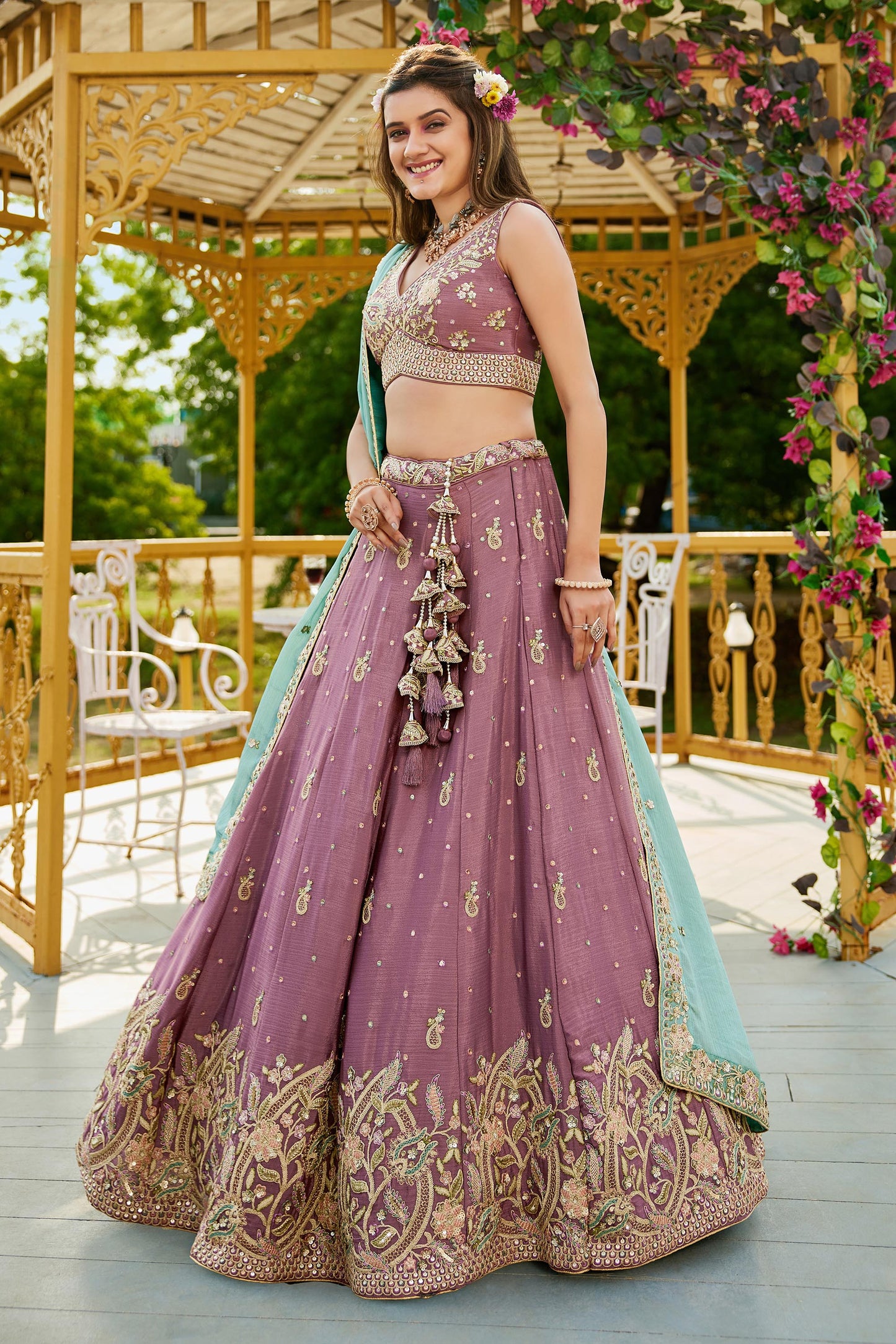 Rose gold colour Chinnon Sequinse embroidery Lehenga choli & Dupatta