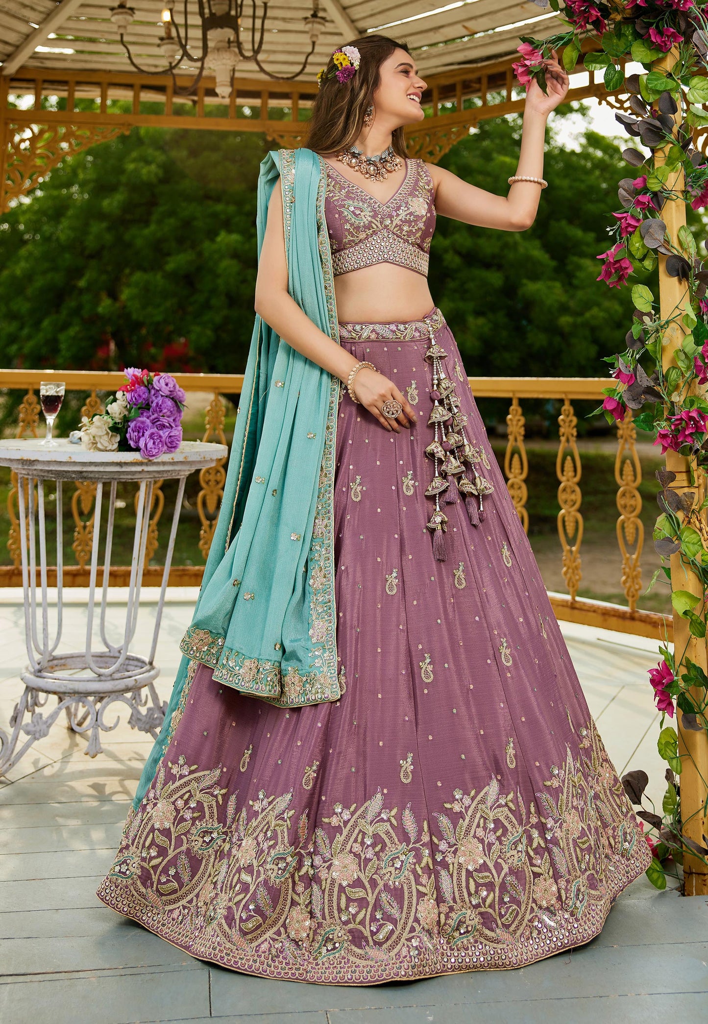 Rose gold colour Chinnon Sequinse embroidery Lehenga choli & Dupatta