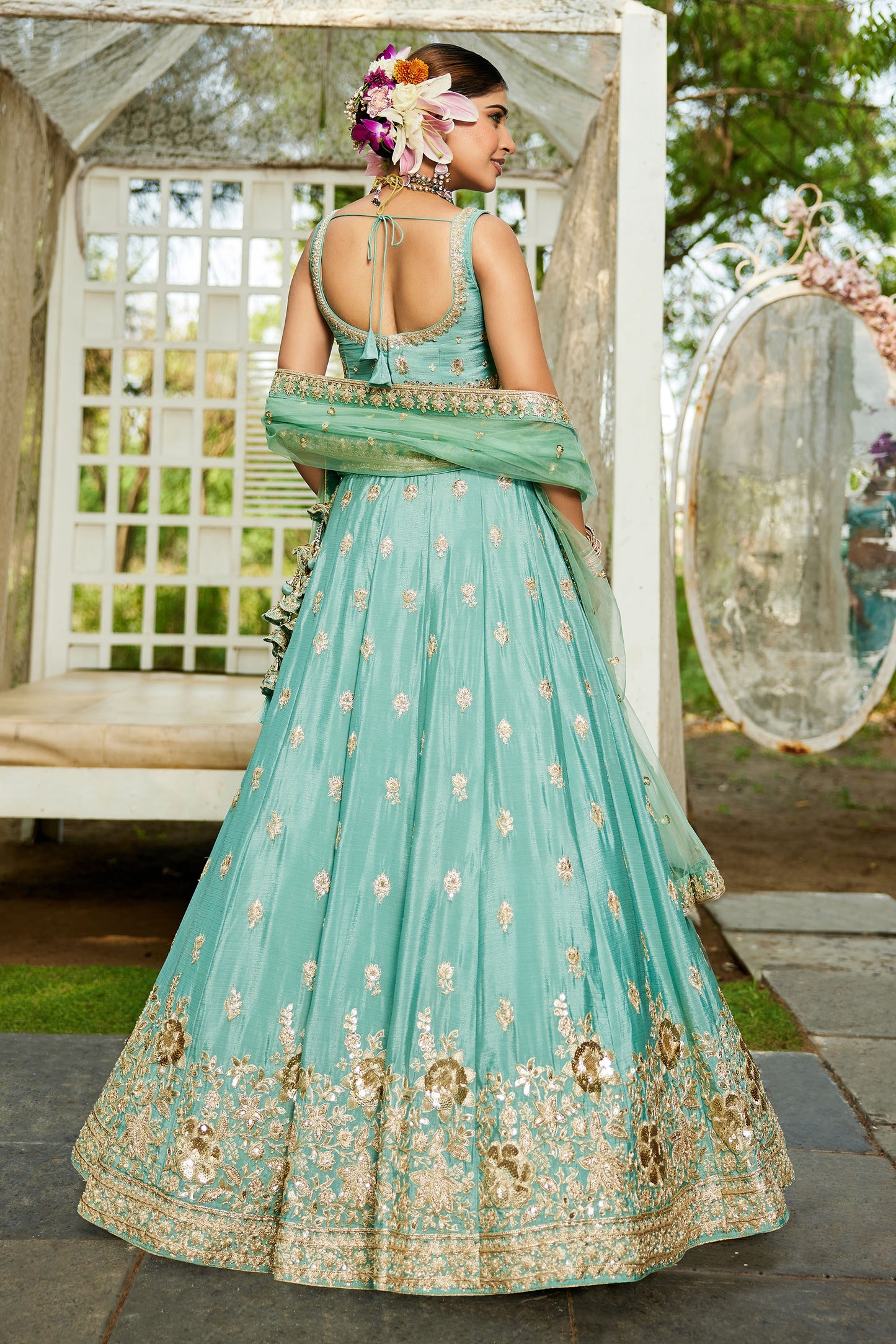 Sea Green colour Chinnon Sequins embroidery Lehenga choli & Dupatta