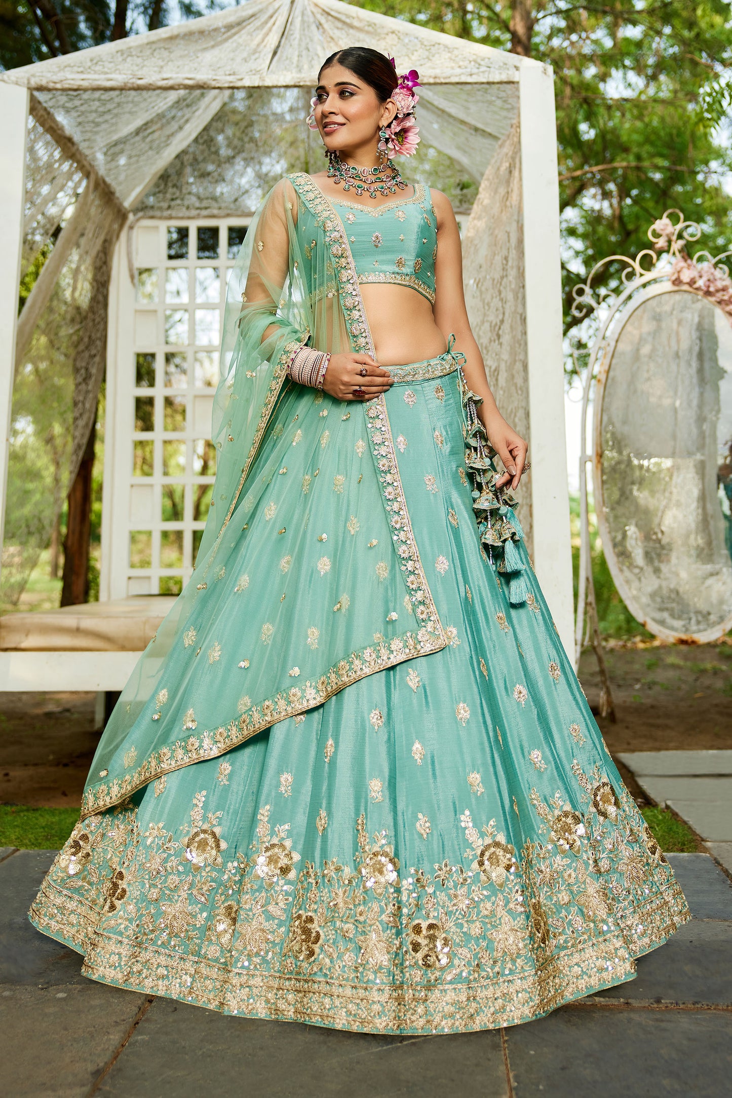 Sea Green colour Chinnon Sequins embroidery Lehenga choli & Dupatta