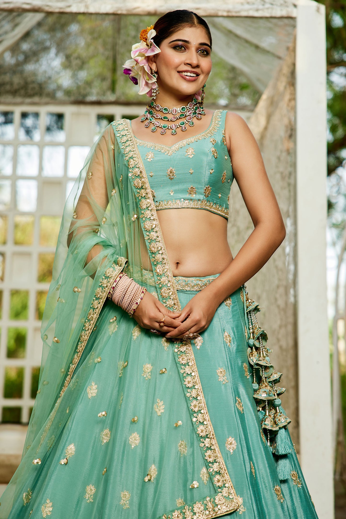 Sea Green colour Chinnon Sequins embroidery Lehenga choli & Dupatta