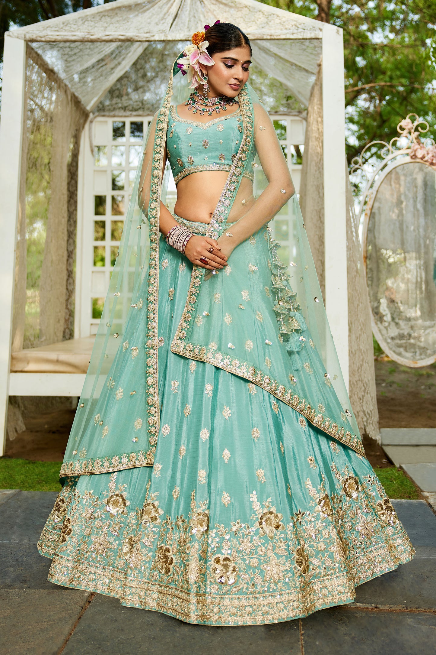 Sea Green colour Chinnon Sequins embroidery Lehenga choli & Dupatta
