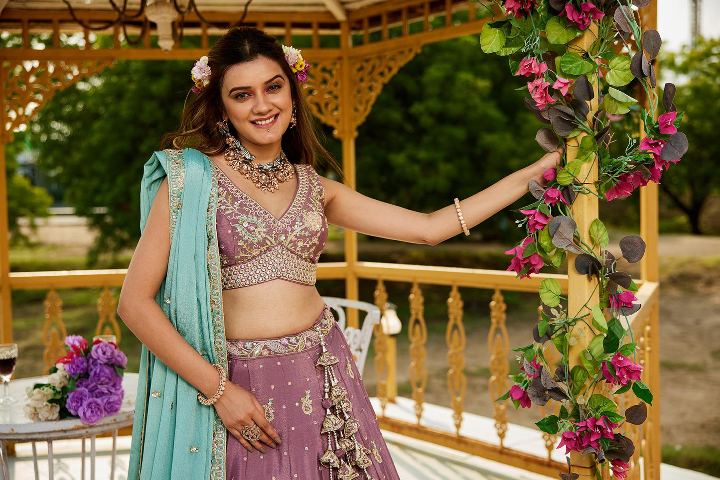 Rose gold colour Chinnon Sequinse embroidery Lehenga choli & Dupatta