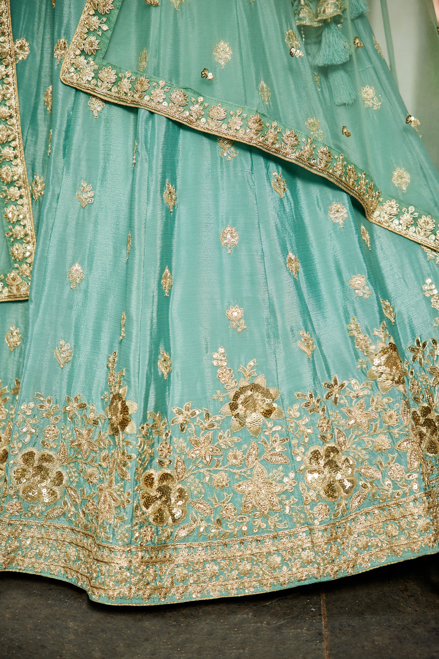 Sea Green colour Chinnon Sequins embroidery Lehenga choli & Dupatta