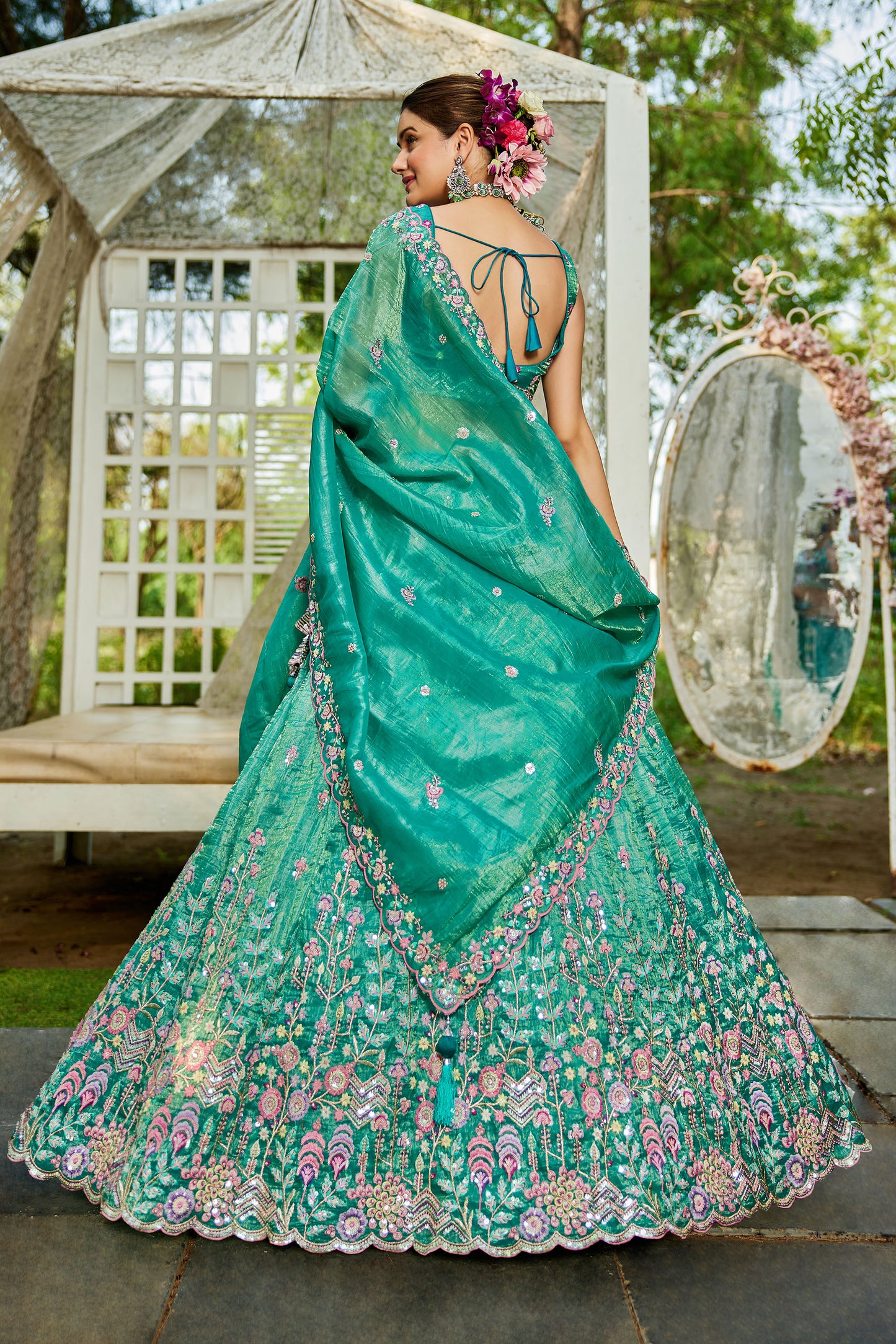 Sea green colour Tissue Sequins embroidery Lehenga choli & Dupatta