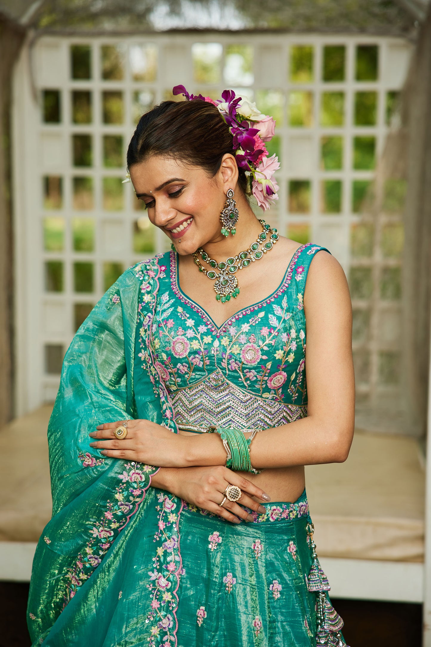 Sea green colour Tissue Sequins embroidery Lehenga choli & Dupatta