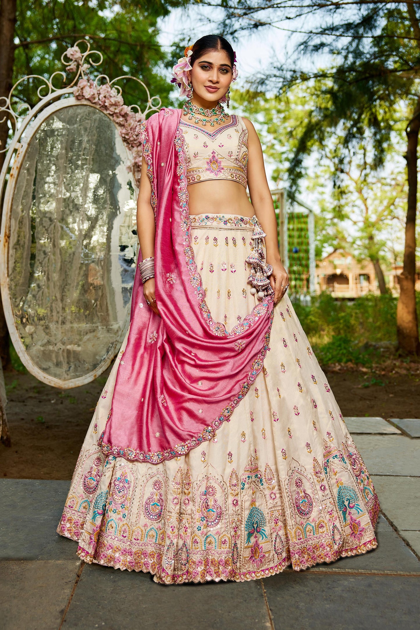 Cream colour Tissue Sequinse embroidery Lehenga choli & Dupatta