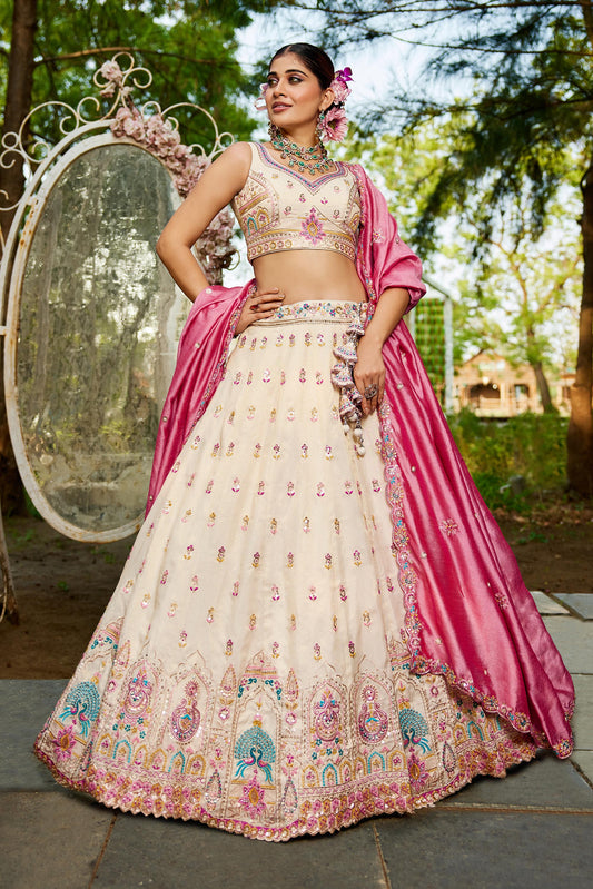 Cream colour Tissue Sequinse embroidery Lehenga choli & Dupatta