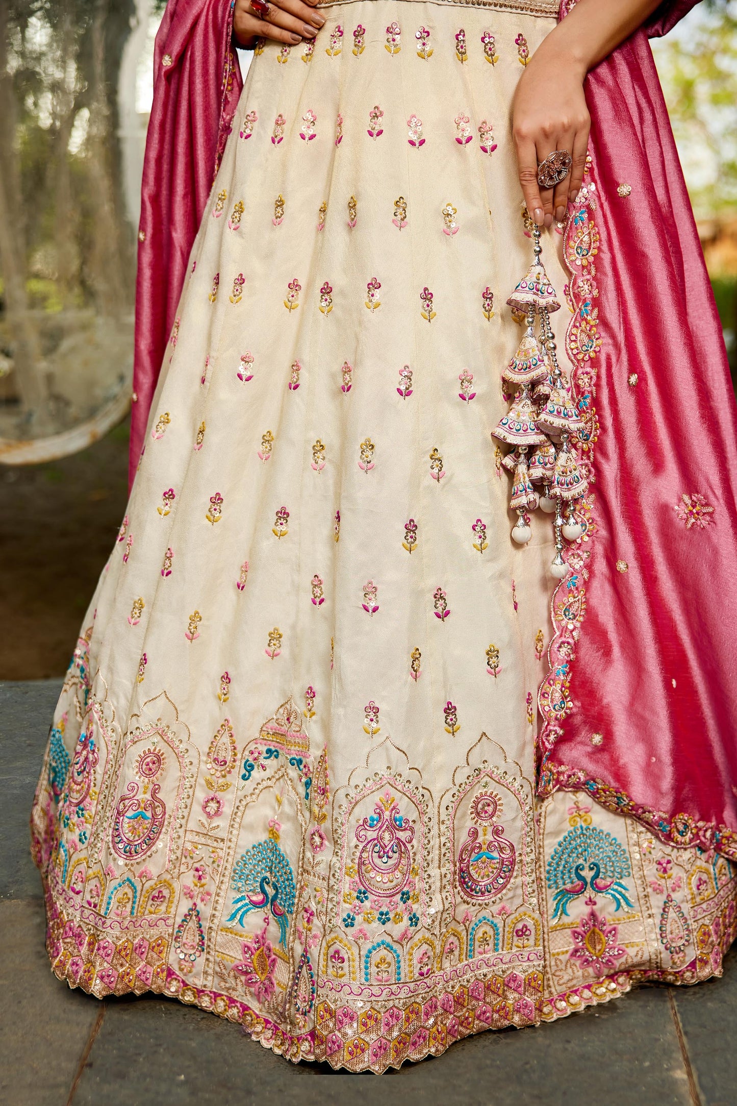 Cream colour Tissue Sequinse embroidery Lehenga choli & Dupatta