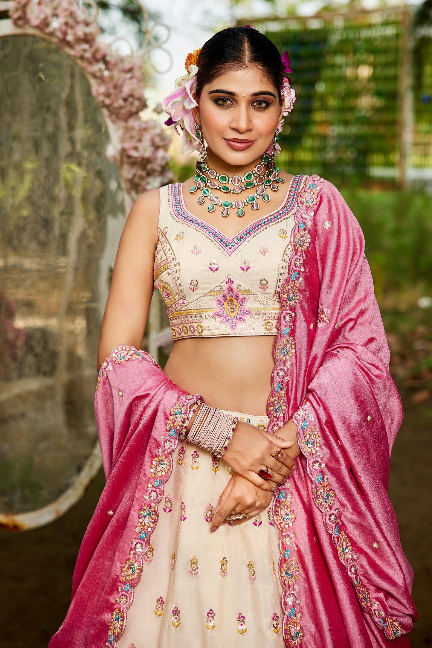 Cream colour Tissue Sequinse embroidery Lehenga choli & Dupatta