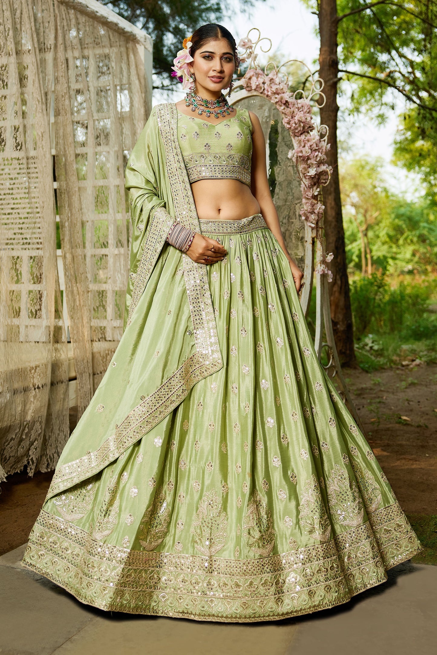Lime green colour Chiffon Sequins embroidery Lehenga choli & Dupatta