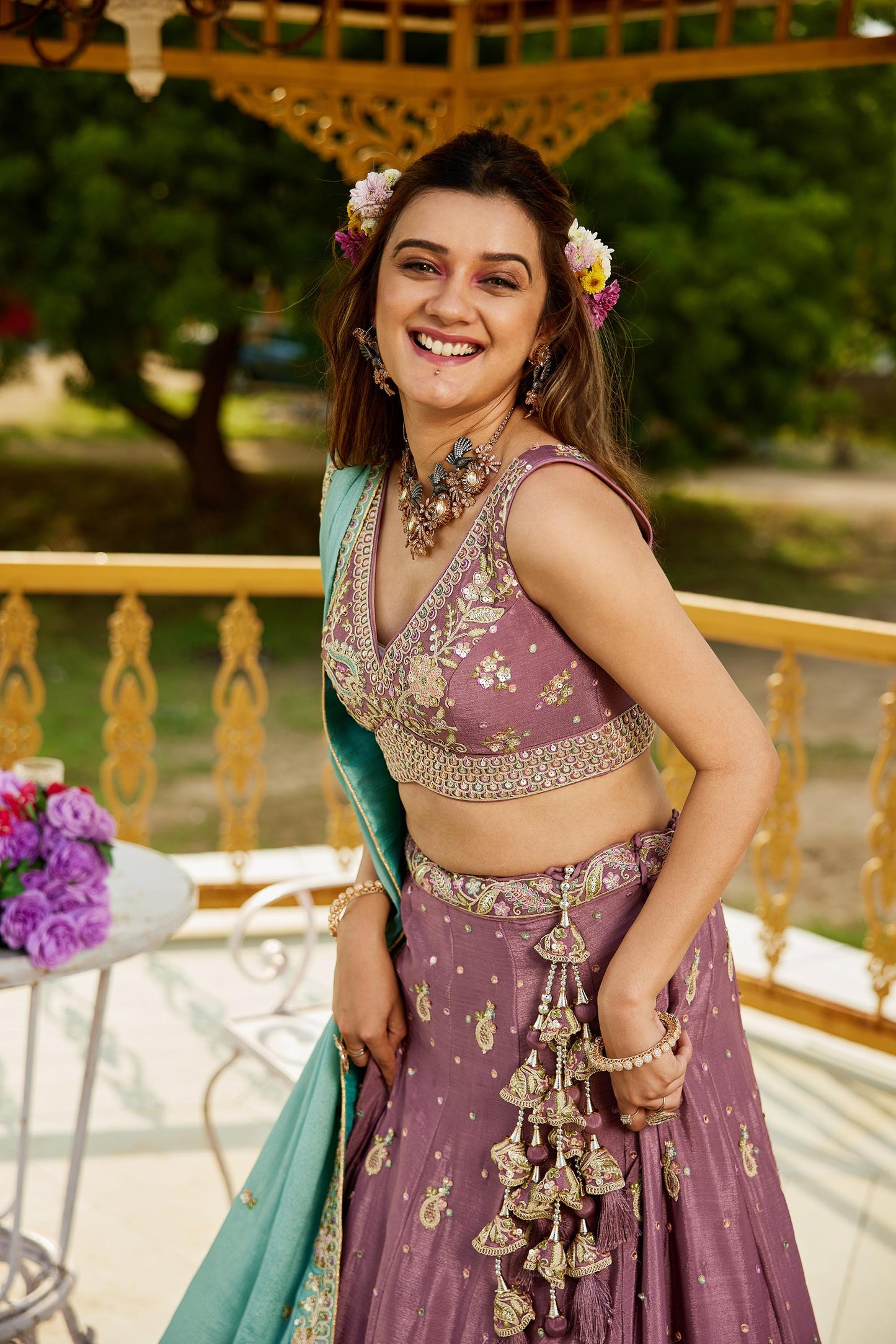 Rose gold colour Chinnon Sequinse embroidery Lehenga choli & Dupatta