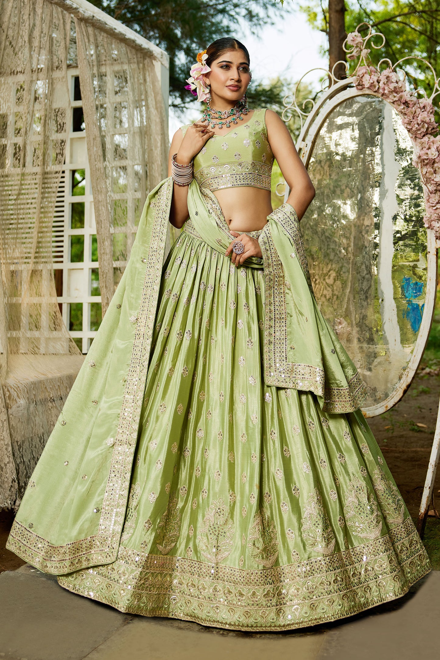 Lime green colour Chiffon Sequins embroidery Lehenga choli & Dupatta
