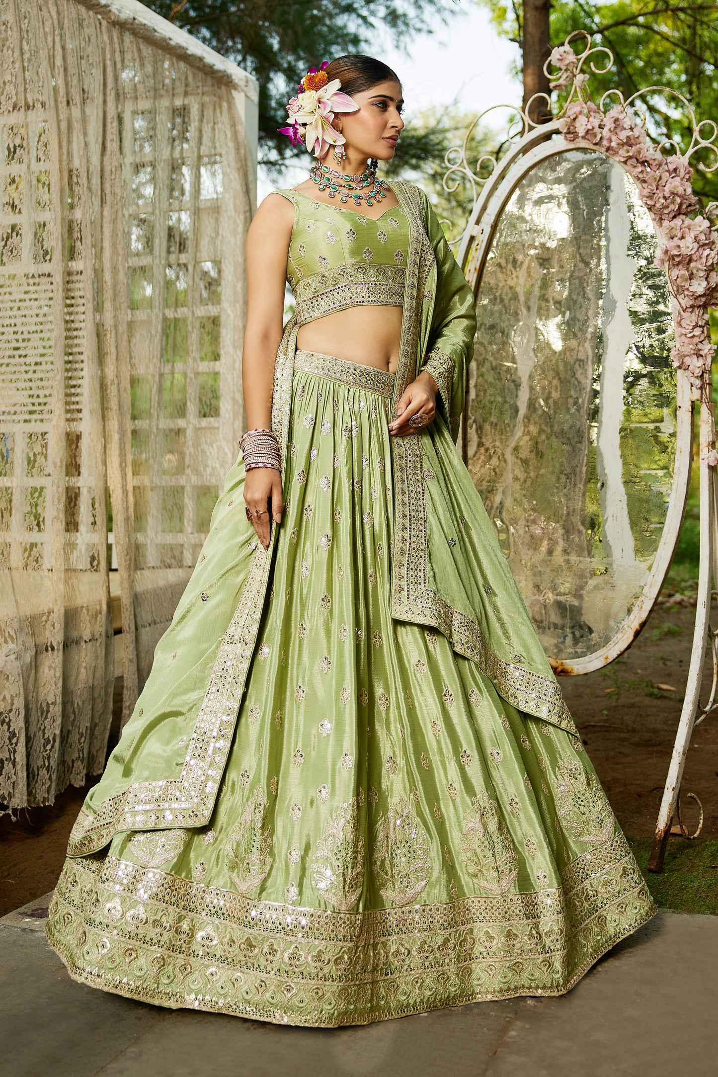 Lime green colour Chiffon Sequins embroidery Lehenga choli & Dupatta