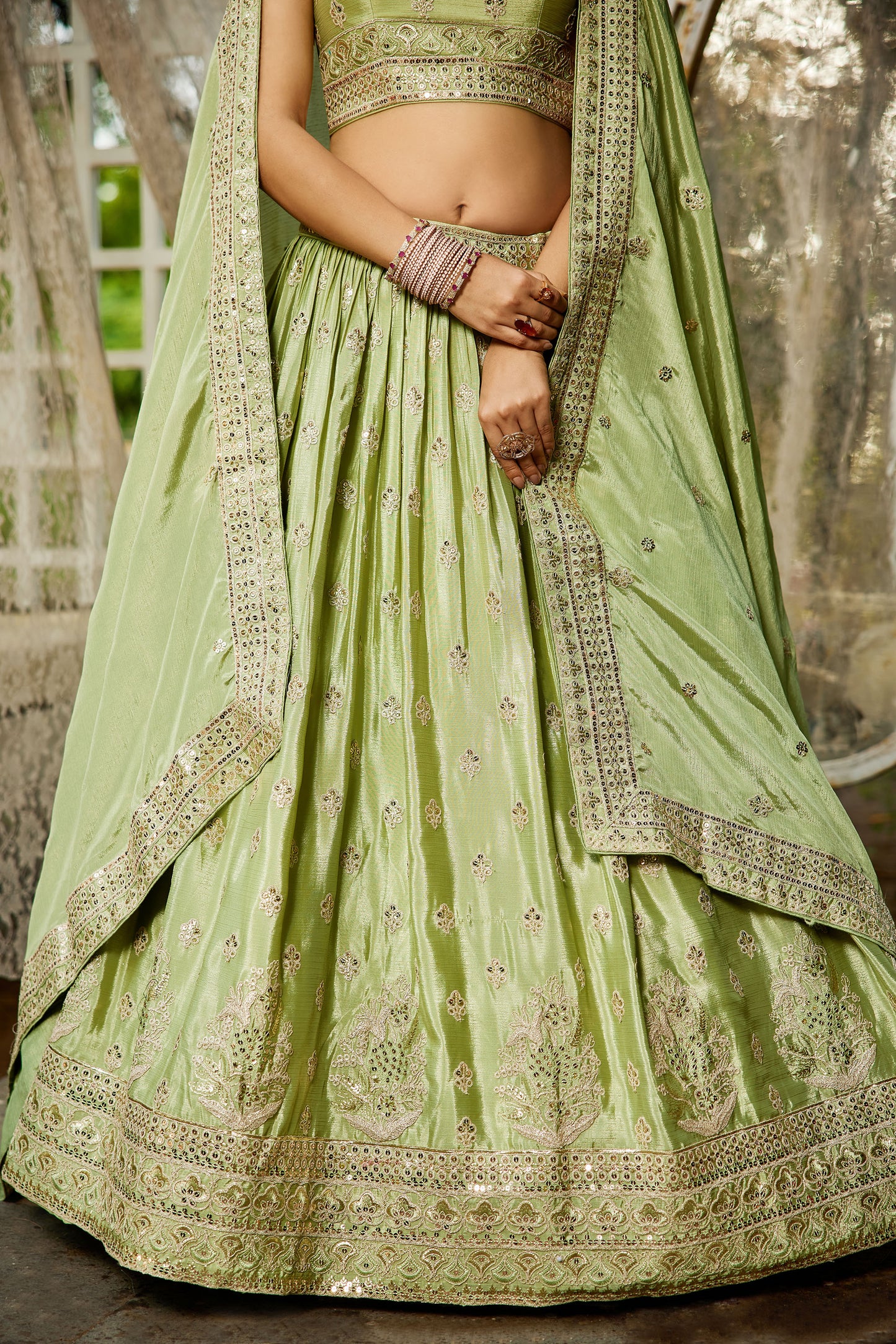 Lime green colour Chiffon Sequins embroidery Lehenga choli & Dupatta