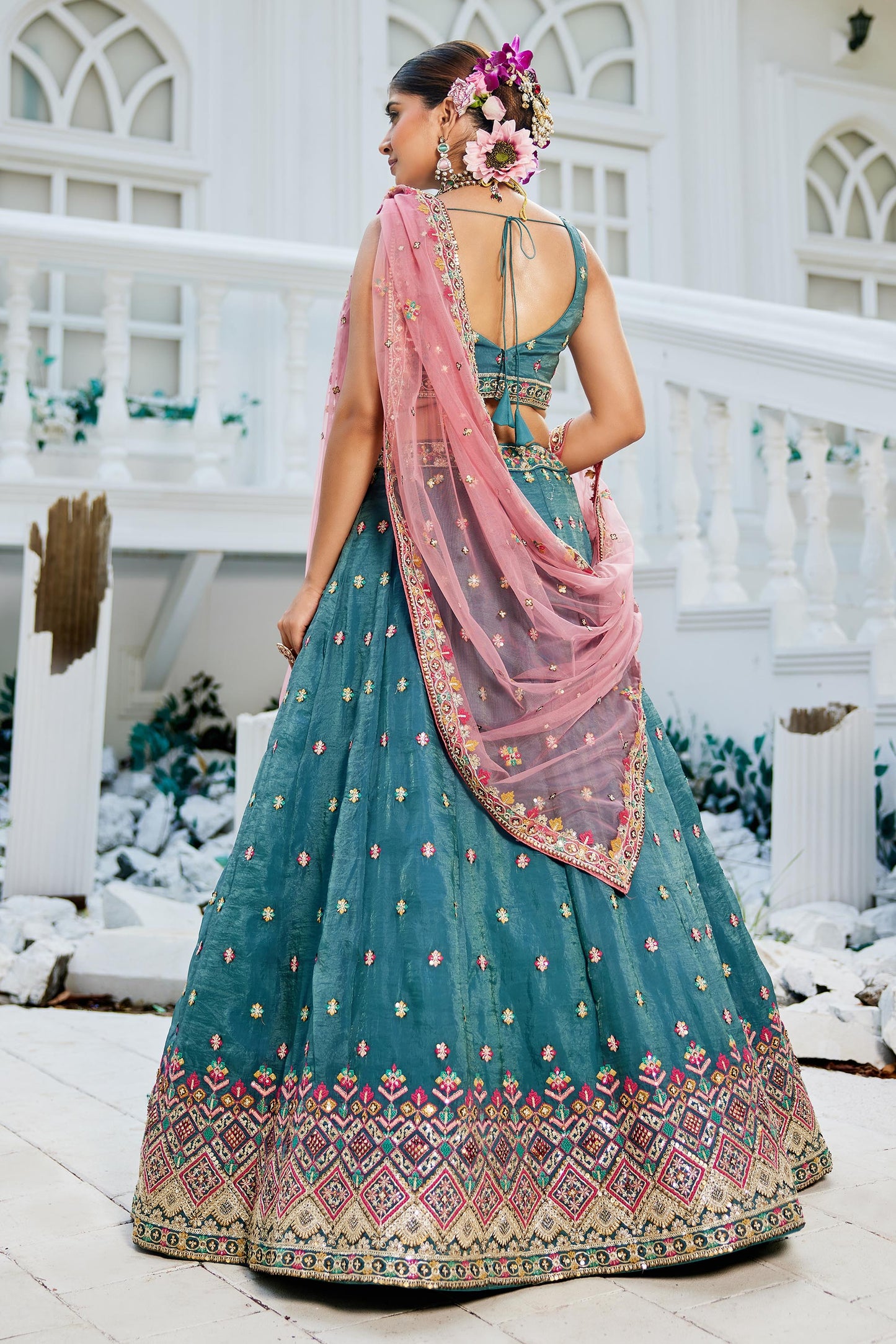 Teal colour Tissue Sequinse embroidery Lehenga choli & Dupatta