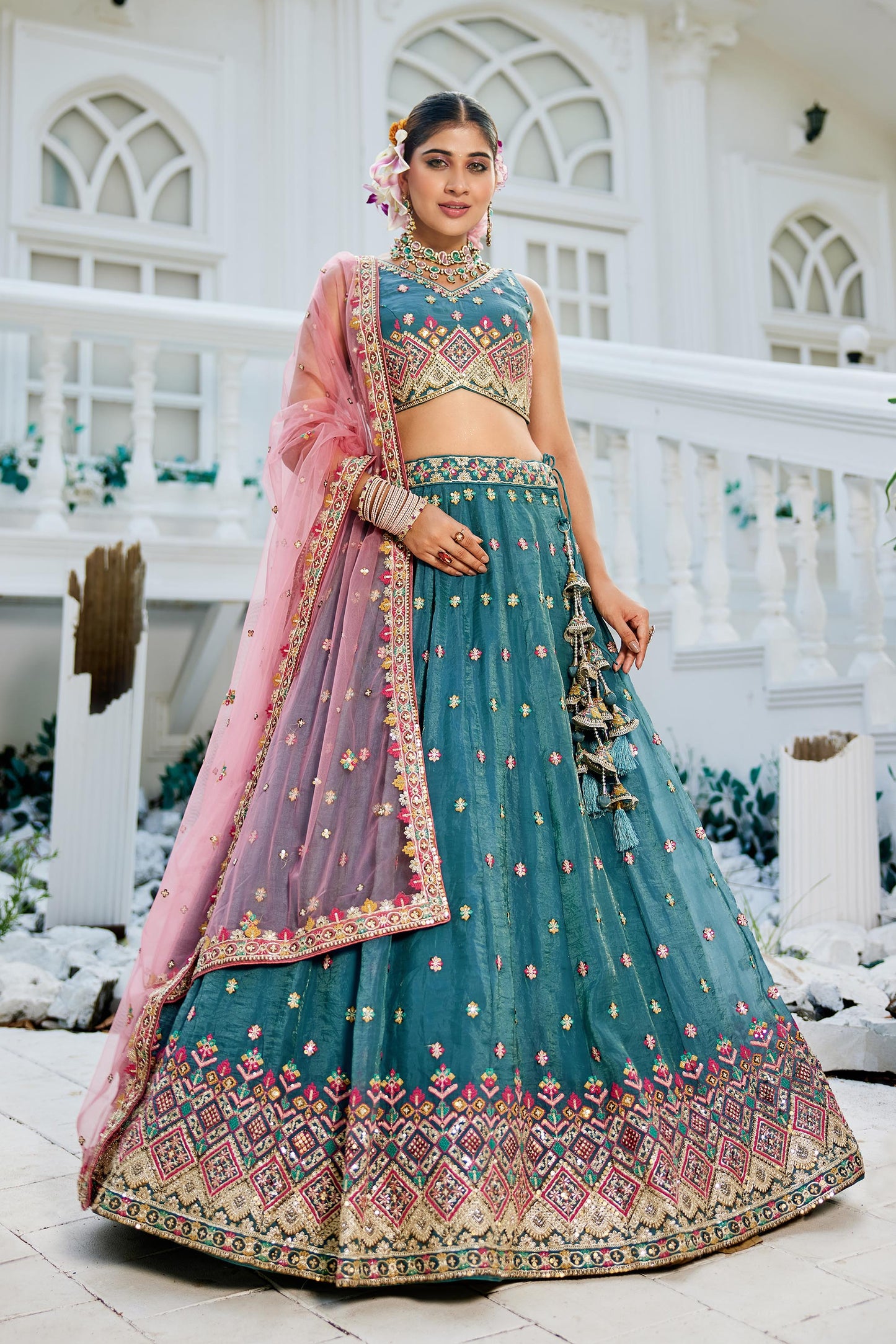 Teal colour Tissue Sequinse embroidery Lehenga choli & Dupatta