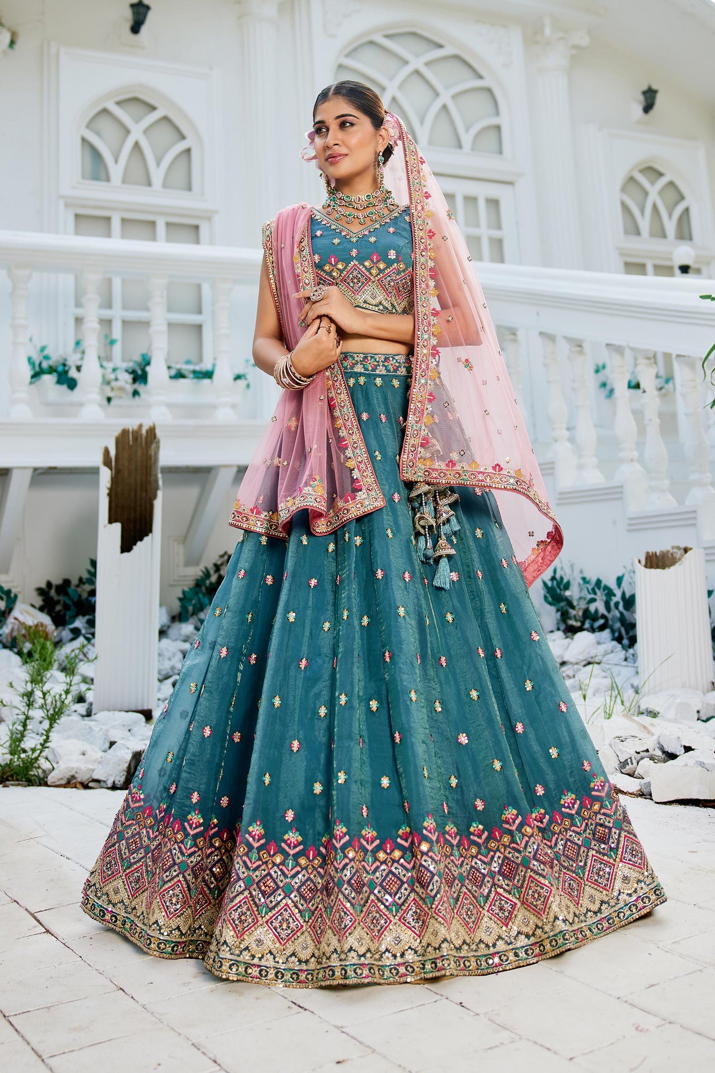 Teal colour Tissue Sequinse embroidery Lehenga choli & Dupatta