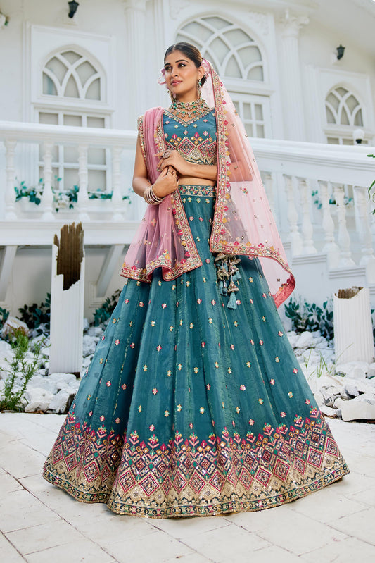 Teal colour Tissue Sequinse embroidery Lehenga choli & Dupatta