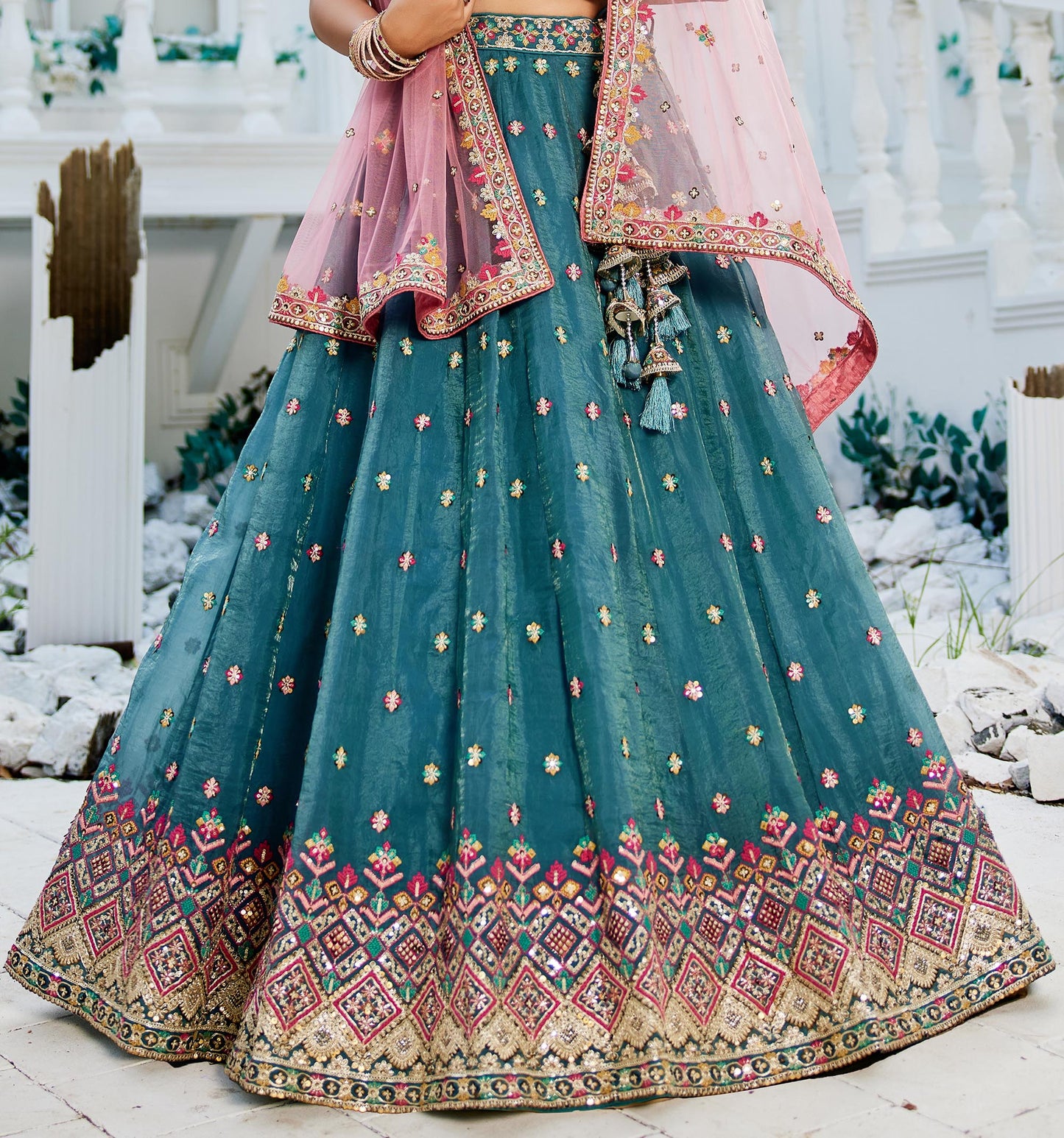 Teal colour Tissue Sequinse embroidery Lehenga choli & Dupatta