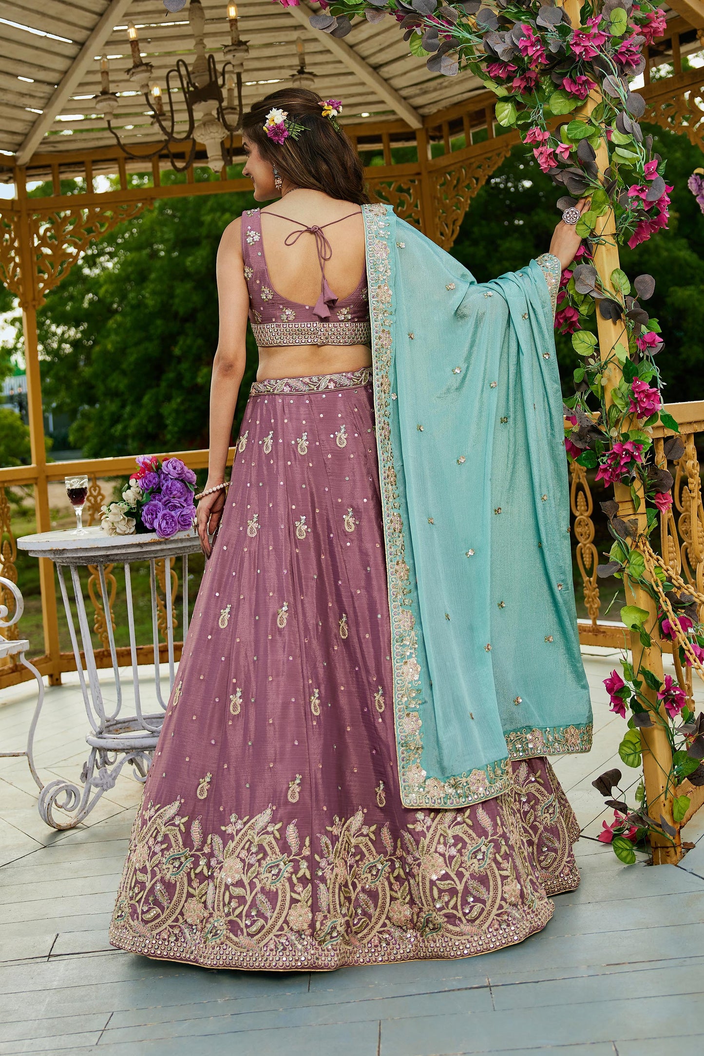 Rose gold colour Chinnon Sequinse embroidery Lehenga choli & Dupatta