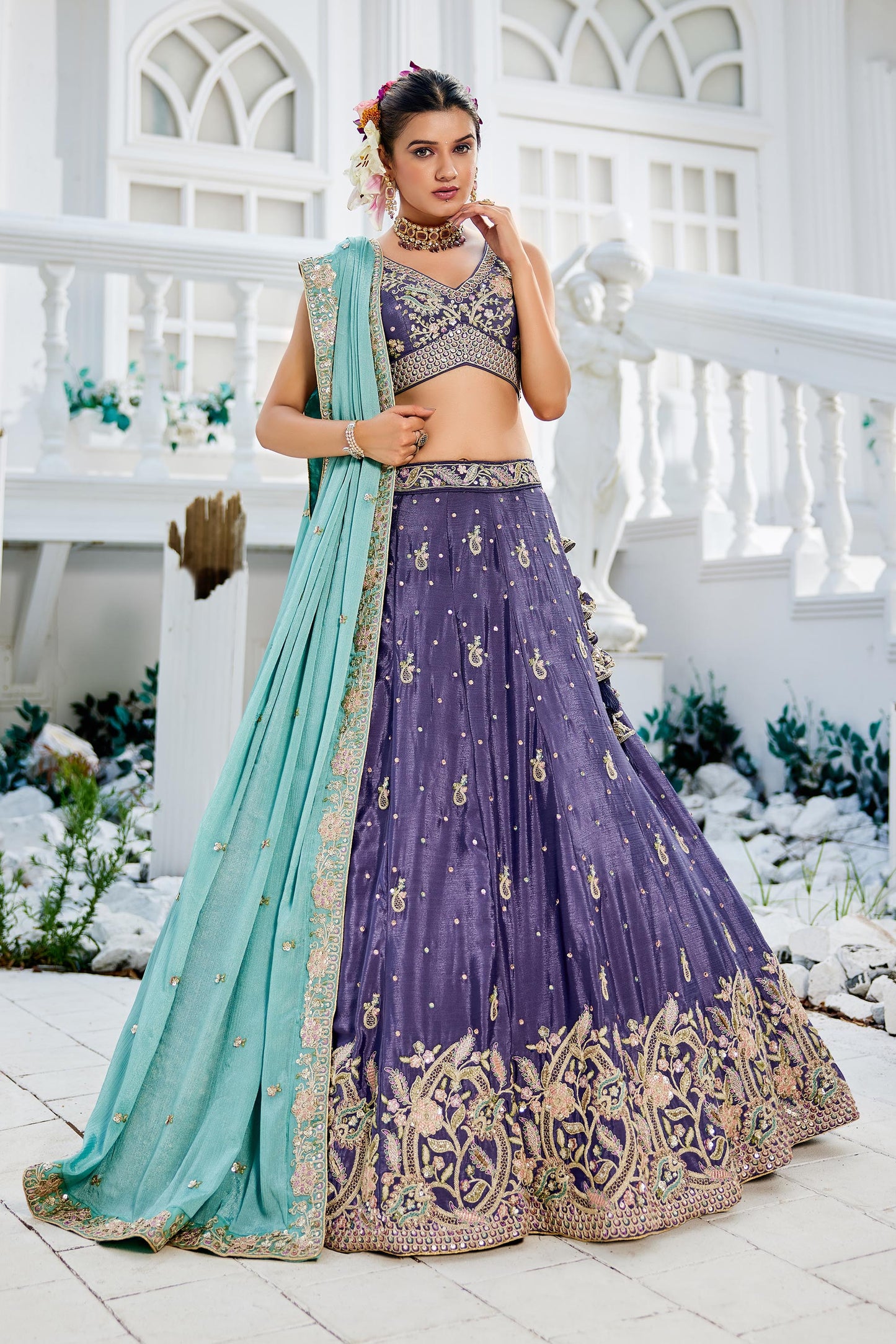 Purple colour Chinnon Sequinse embroidery Lehenga choli & Dupatta