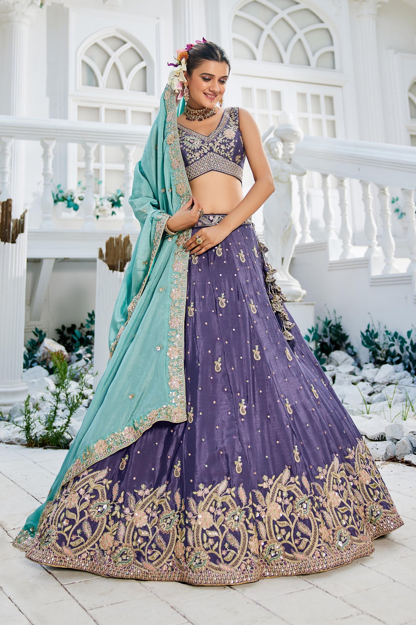 Purple colour Chinnon Sequinse embroidery Lehenga choli & Dupatta