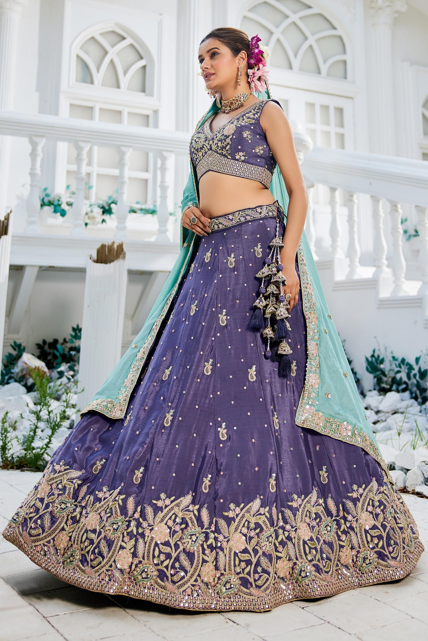 Purple colour Chinnon Sequinse embroidery Lehenga choli & Dupatta