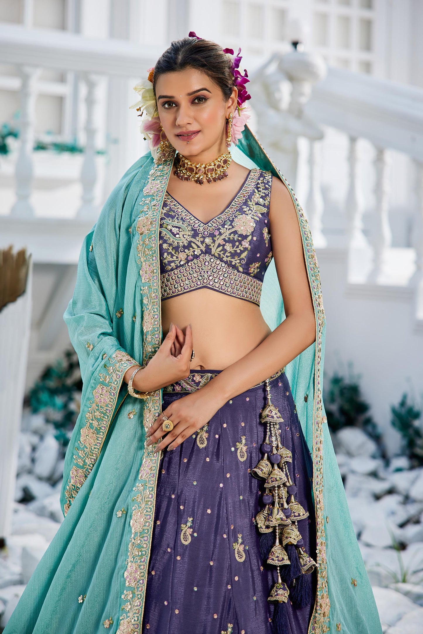 Purple colour Chinnon Sequinse embroidery Lehenga choli & Dupatta