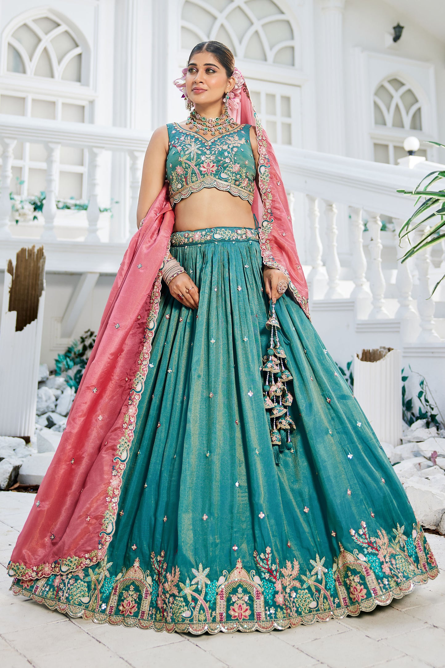 Sea Green colour Satin Sequins embroidery Lehenga choli & Dupatta