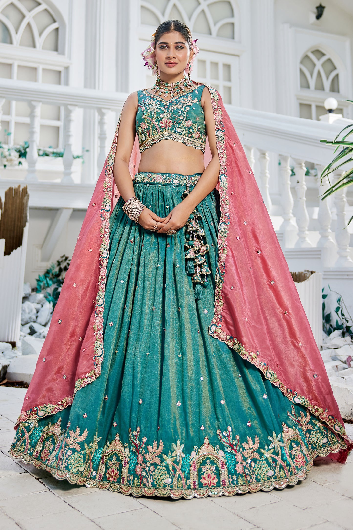 Sea Green colour Satin Sequins embroidery Lehenga choli & Dupatta
